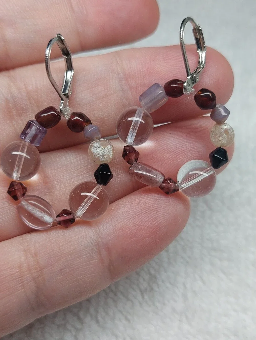 Multicolor Purple Glass Beaded Hoop Earrings Handmade Nwt